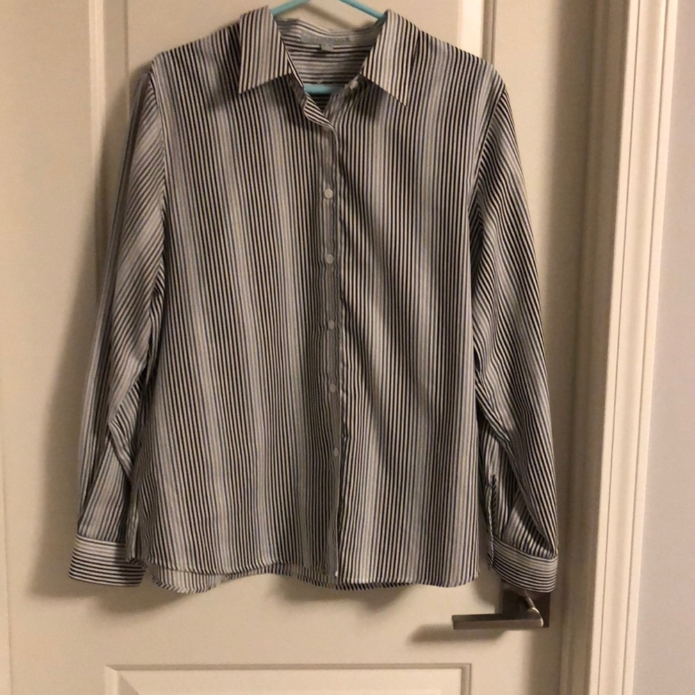 Black, white, gray button-down shirt, wrinkle free
